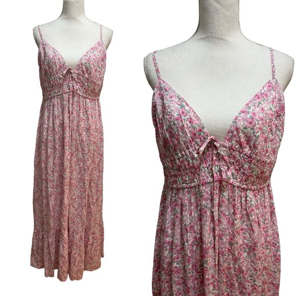 Aeropostale Floral Smocked Maxi Sundress Size L Pink Milkmaid Low Back Dress - Picture 1 of 5